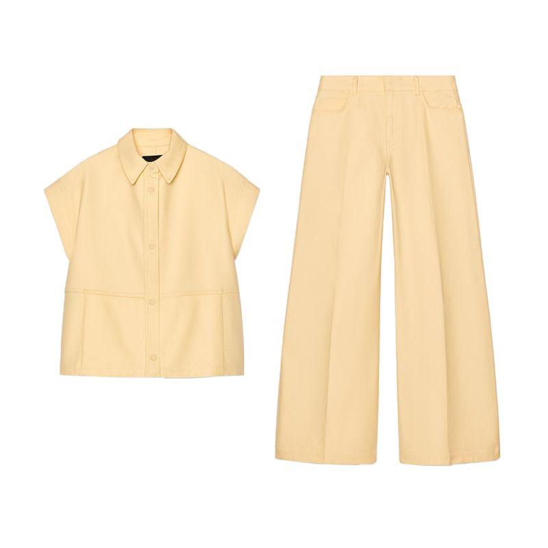 Cotton Blend Lapel Sleeveless Drop Shoulder Design Loose Vest 5216065 Mid Waist Wide Leg Pants 5216064