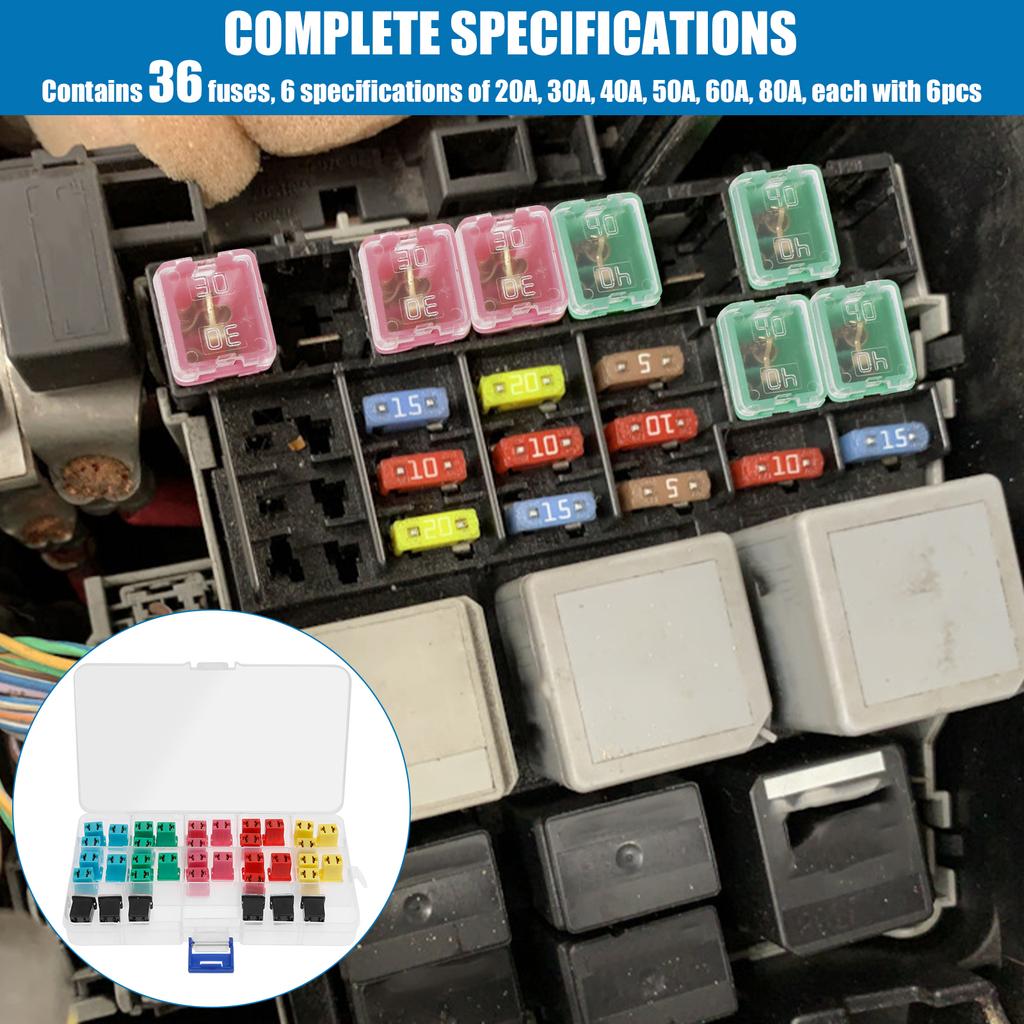 36 ks Jcase pojistek Autokomplet Vysoké/Standardní a Nízkoprofilové Pojistky ve tvaru krabičky Jcase Assortment Kit 20A 30A 40A 50A 60A 80A