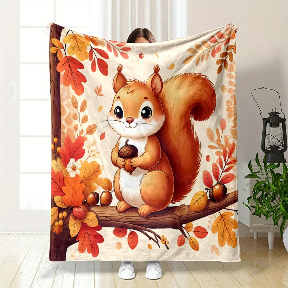 Cute Squirrel with Acorns In Autumn Forest Patterned Blanket, Flannel, Suitable for All Seasons, Home Decor, Warm and Cozy