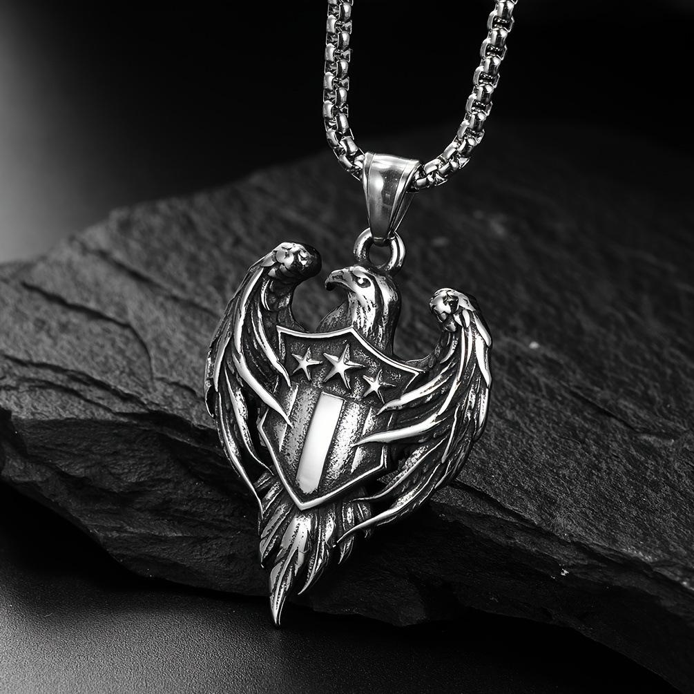 European and American Vintage Bald Eagle Military Brand Men s Double-winged Eagle Necklace Pendant 60CM(Necklace Long)