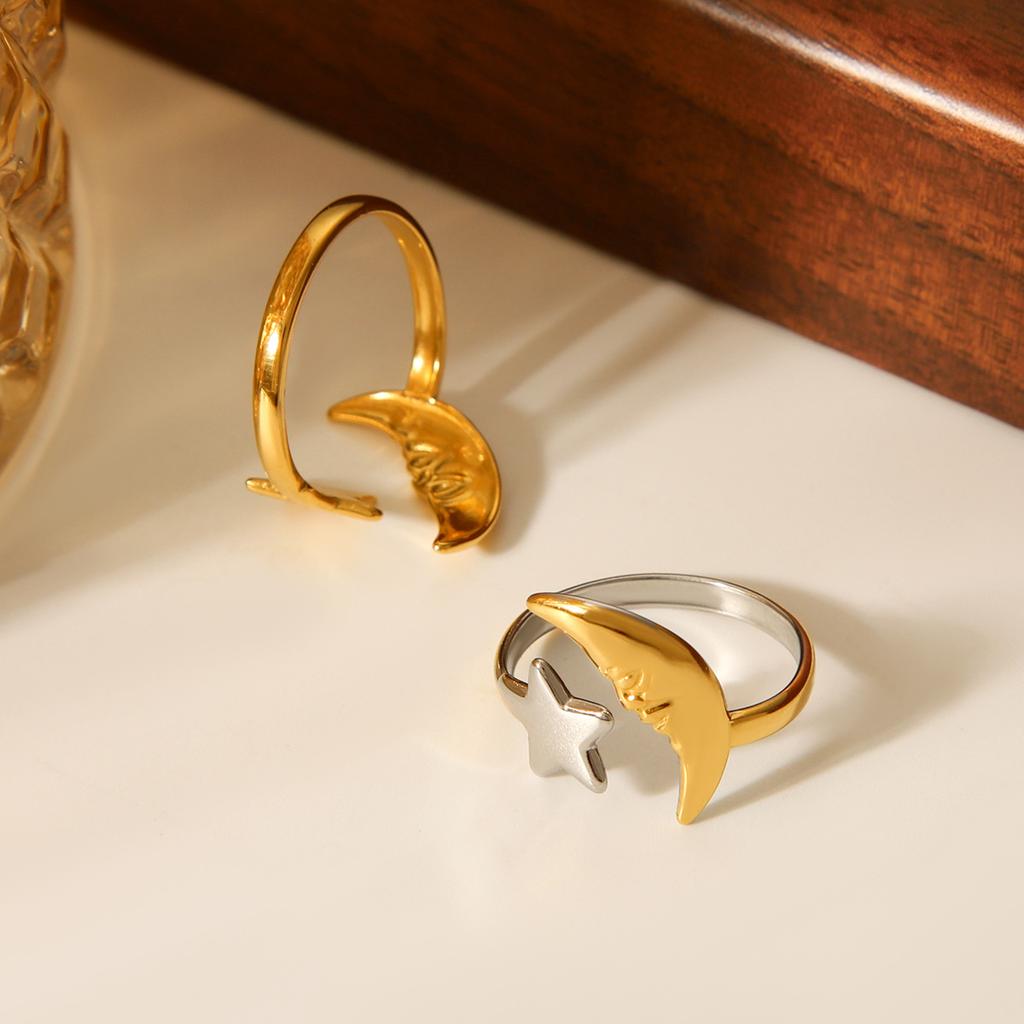 18K Gold Stainless Steel Star and Moon Open Ring, Stylish Color-block Adjustable Ring for Women