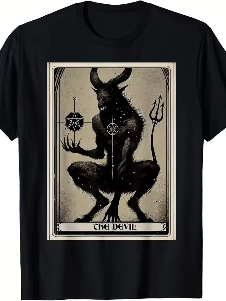 Men'S and Women'S The Devil Card T-Shirt Gothic Occult Graphic Tee Baphomet Pentagram and Major Arcana Design Retro Unisex