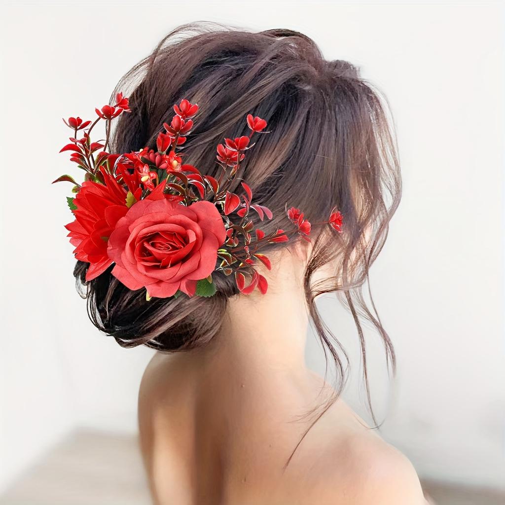Elegant Floral Hair Comb for Women - Rustic Countryside Style, Vibrant Artificial Flowers, Scent-Free Fabric, Perfect for All Hair Types