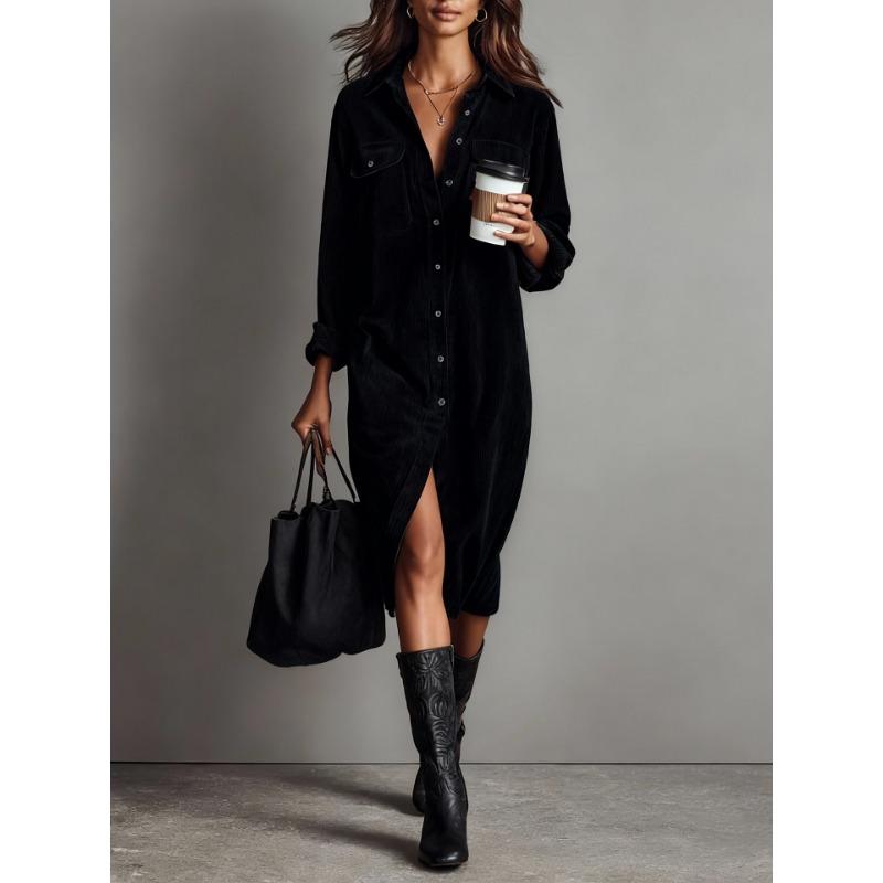 New Solid Color Corduroy Long Sleeve Fashion Casual Lapel Shirt Loose Long Skirt