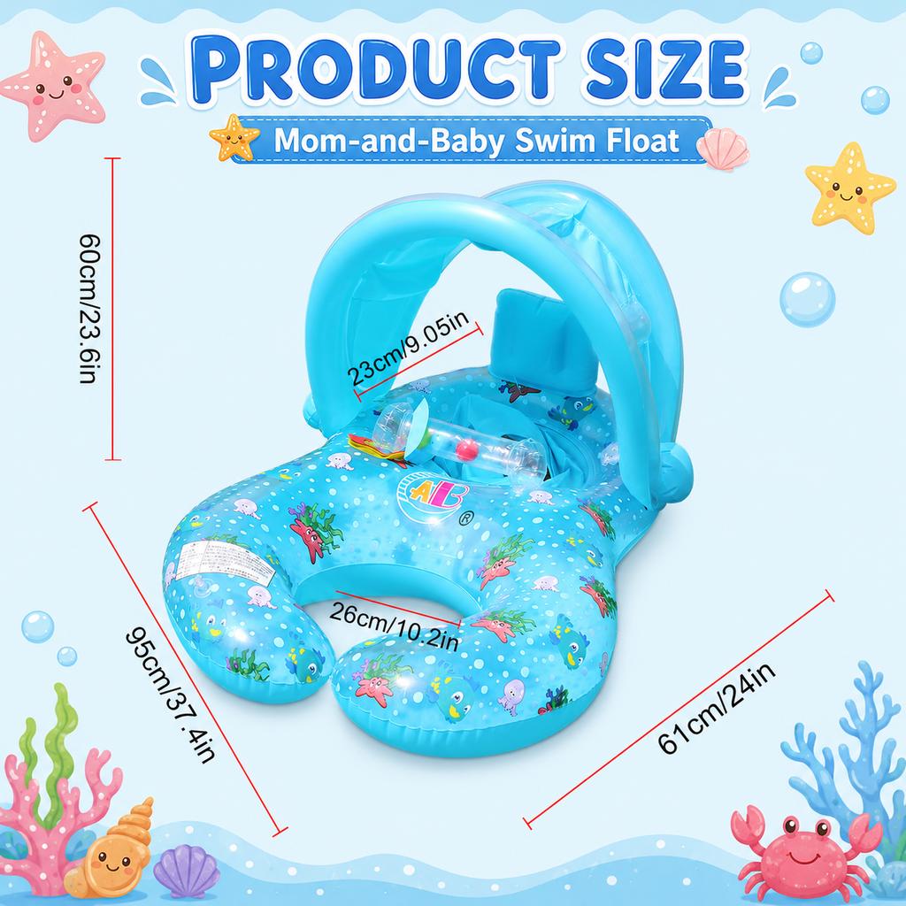 1PC Parent Child Baby Pool Float with Removable Canopy, Inflatable Swim Ring Seat Backrest, Sunshade Water Toy for Swimming Pool