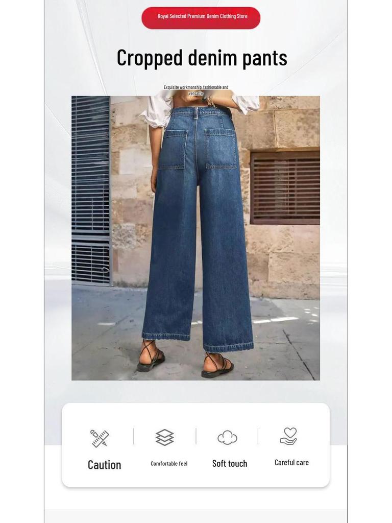 Mid-Waist Wide-Leg Plus Size Retro Washed Cropped Jeans with Frayed Hem and Slant Pockets