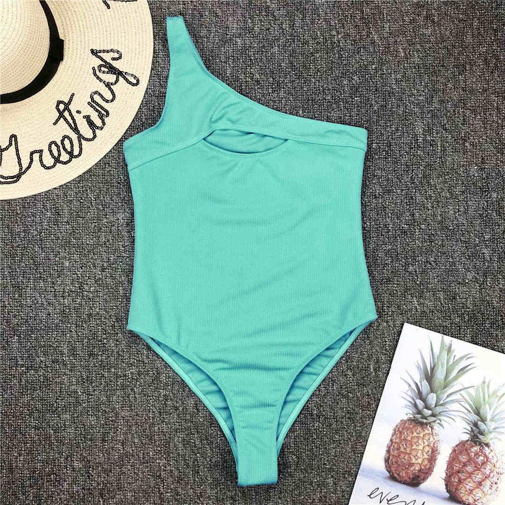 Sexy Black Ribbed One Shoulder Monokini Women Swimwear One Piece Swimsuit Female Bather Bathing Suit Swim Lady