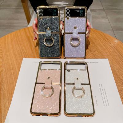 Ring Holder PU Leather Plating Case For Samsung Galaxy Z Flip 7 6 Flip 5 Flip 4 Zflip 3 Bling Diamond Shockproof Cover