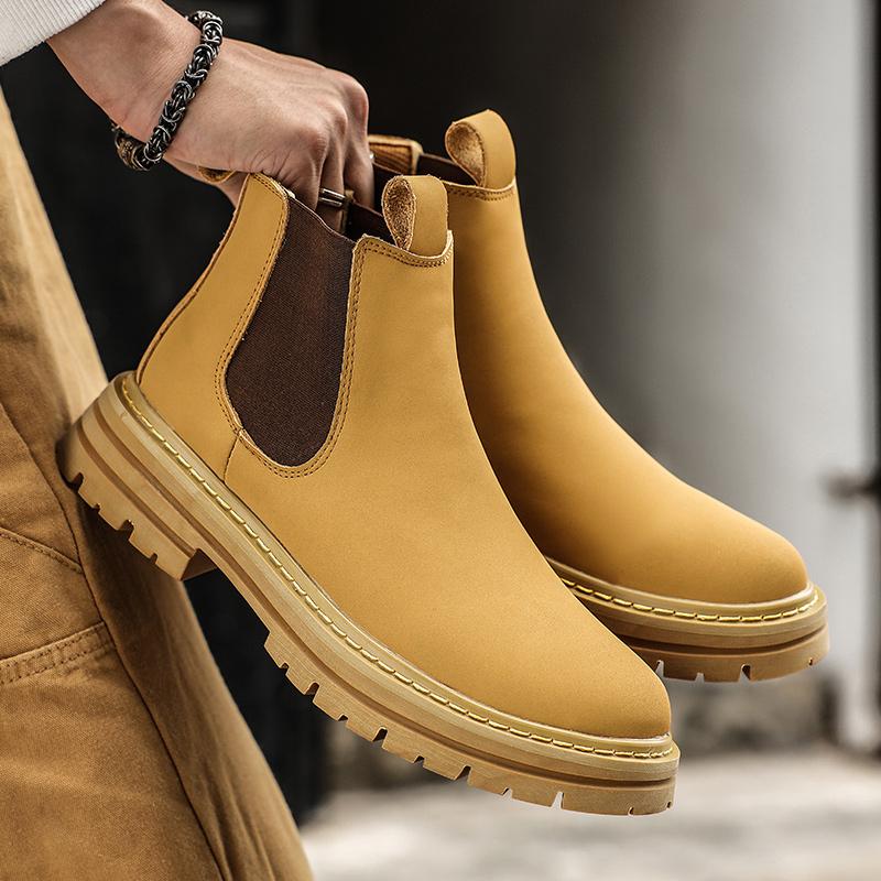 Yellow Men Boots Leather Ankle Boots Luxury Brand Men Chelsea Boot Casual High Top Shoes Men High Quality Classic Outdoor Shoe