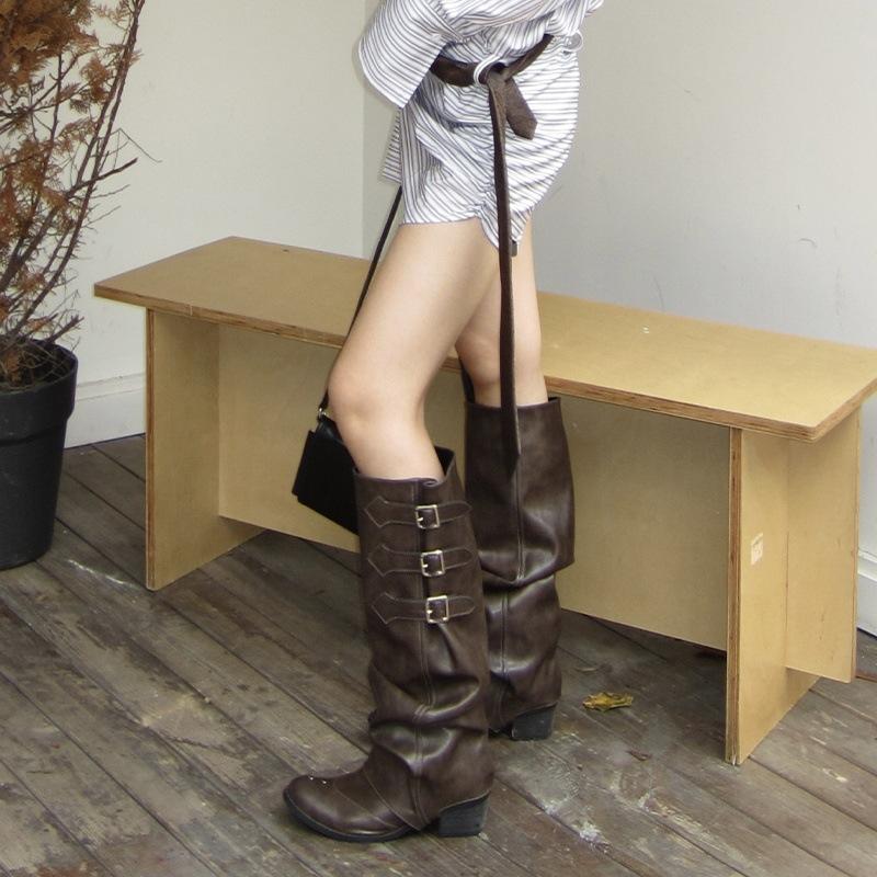 

Vintage Fashion Brown Boots 2025 New Western Cowboy Boots Pleated Knight Boots Women s Pointed Pant Tube Boots 34 коричневый