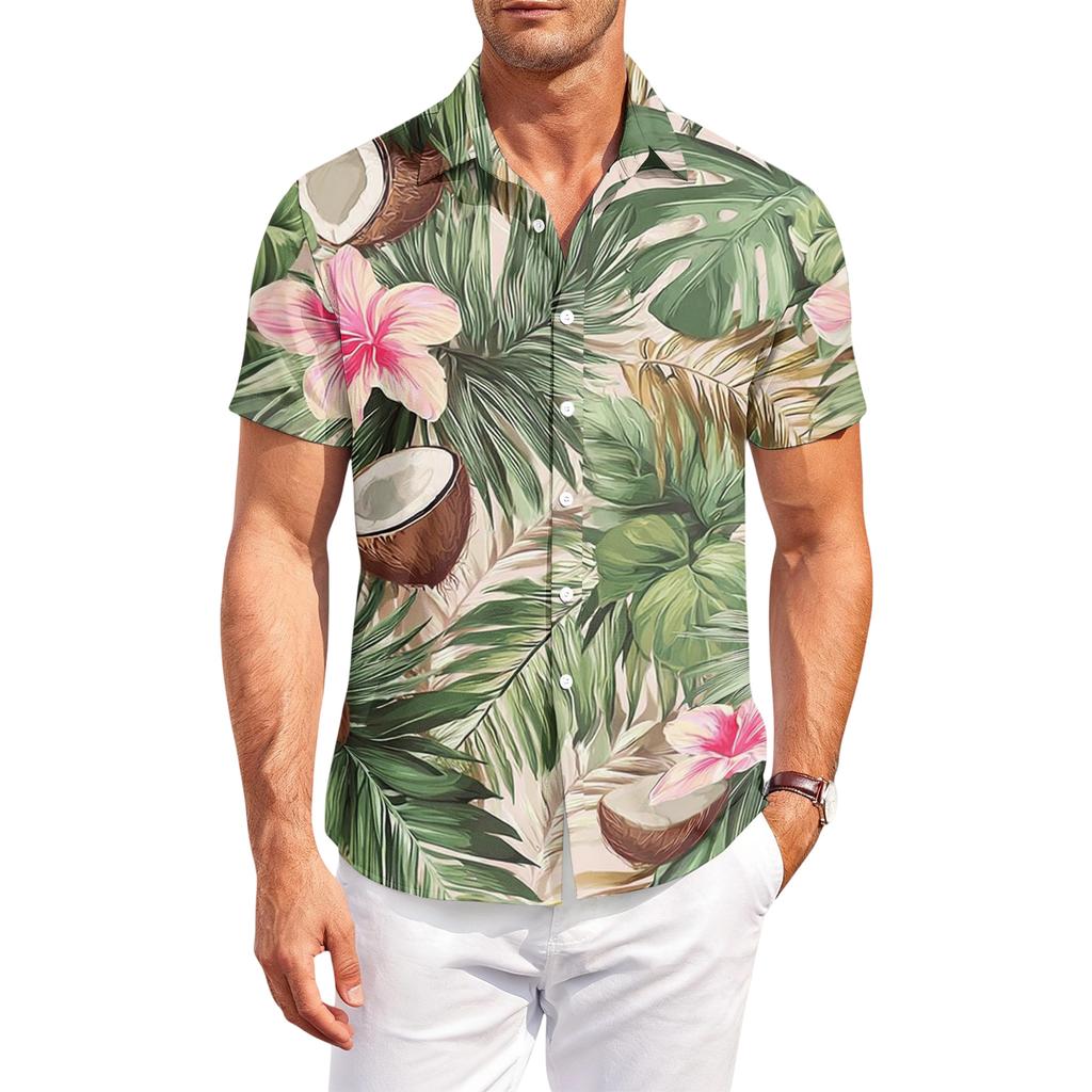 Men's Casual, Loose-Fit Short-Sleeve Shirt With Hawaiian Print