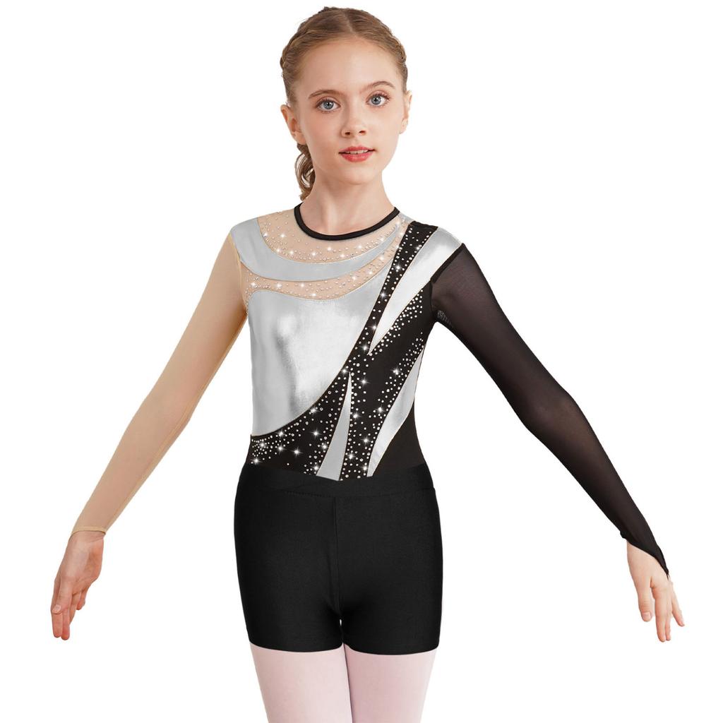 Kids Girls Gymnastics Figure Skating Outfit Patchwork Leotard Mesh Long Sleeve Keyhole Back Bodysuit with Shorts