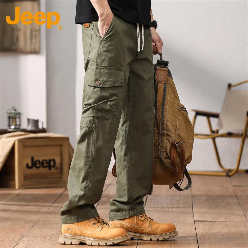 JEEP Men's Cargo Pants, Spring And Autumn Casual Trousers, Loose-Fitting Pure Cotton Straight-Leg Pants for Men, Army Green, Size L