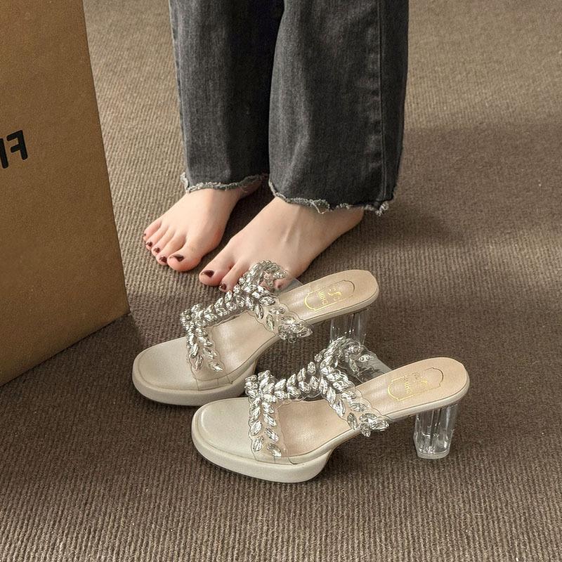 

Women s Comfortable Flip Flops High Heeled Height Increasing Rhinestone Decoration Sandals - Multi Purpose Home Outdoor Casual Shoes 34
