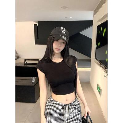 Haut court sexy uni nouveau à dénuder le nombril pour fille chaude, slim, petites manches volantes, col rond, t-shirt à manches courtes pour femme