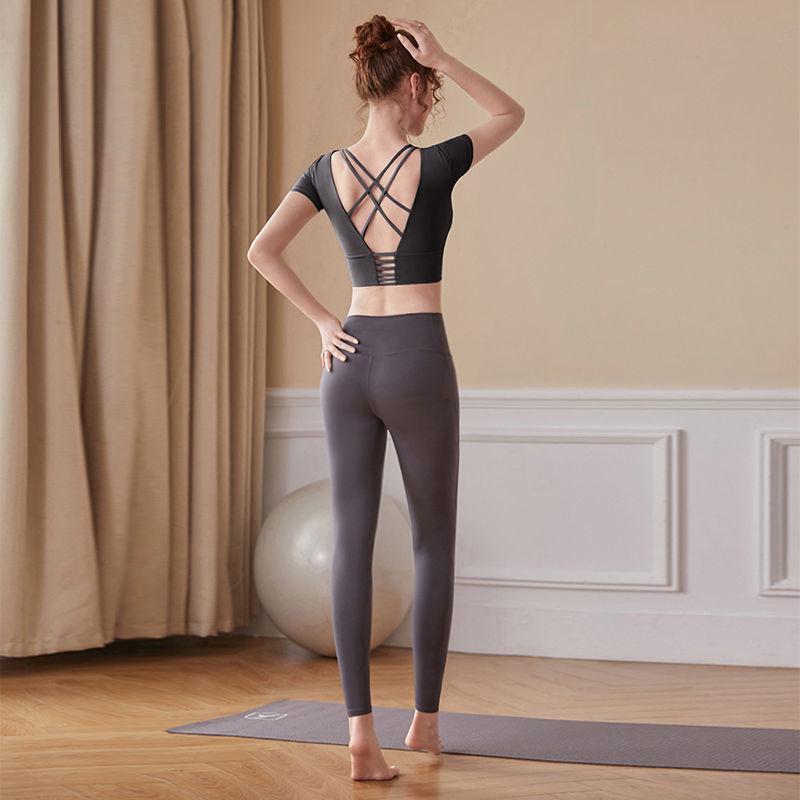 Women's Red Short Sleeve Slimming Yoga Top & Quick-Dry Running Fitness Set