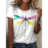 Plus Size Casual T-shirt Women's Plus Dragonfly & Art Letter Print Short Sleeve Round Neck T-shirt