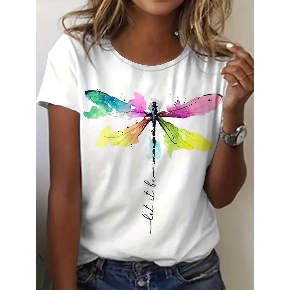 Plus Size Casual T-shirt Women's Plus Dragonfly & Art Letter Print Short Sleeve Round Neck T-shirt