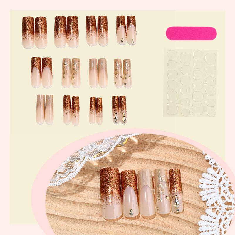 European and American Style Nude Gold Flash Nail Art Piece Diamond Decoration Relief Line Decoration Long Water Pipe Wearing Nail Fake Nails 24 Pieces