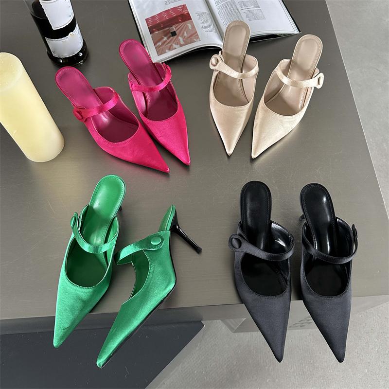Eilyken Satin Button Pointed Toe Mules Pumps Women Slipper Shallow Thin High Heels Ladies Shoes