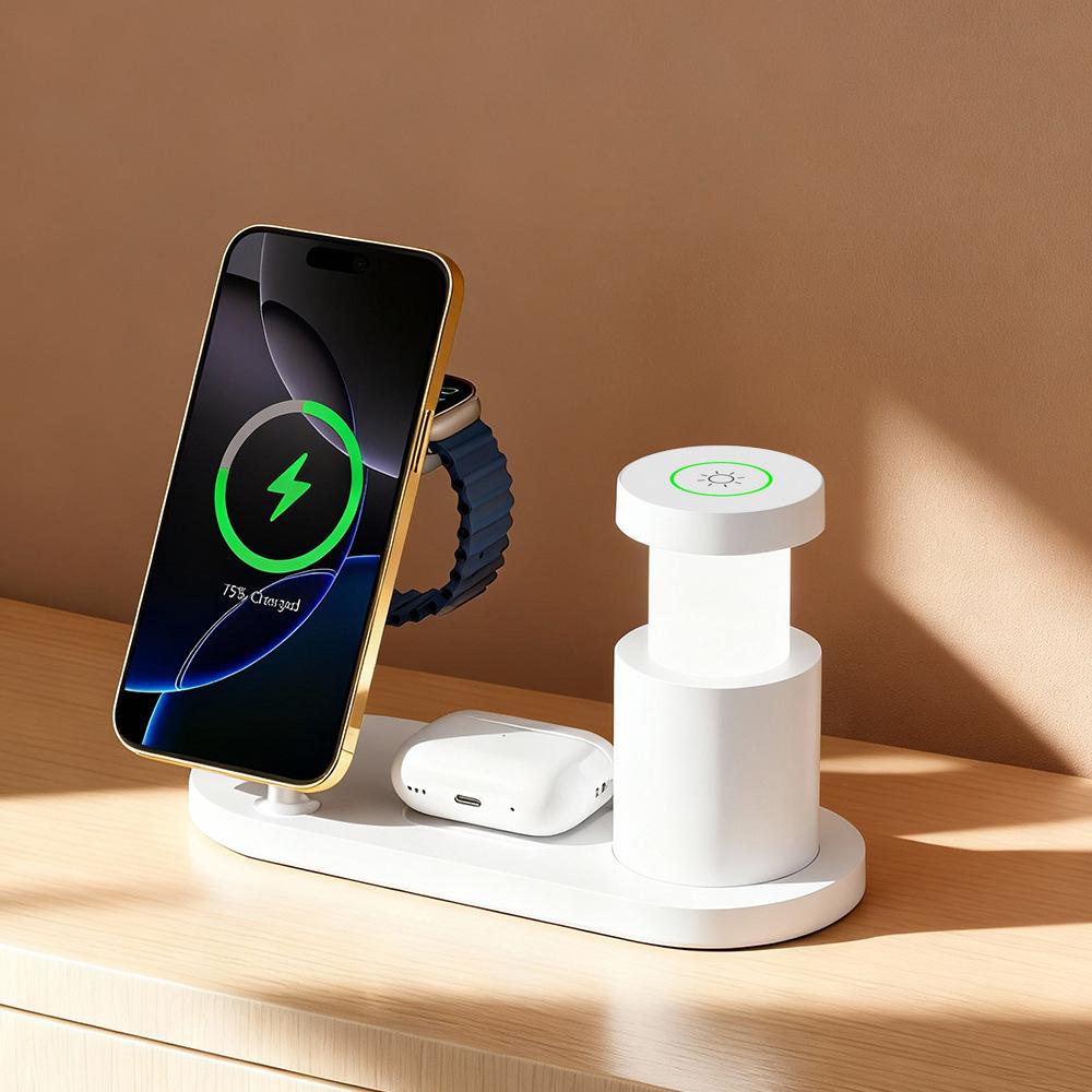 

Qi2.2 25W Wireless Magnetic Charger Multi-functional Fast Charging Station With Night Light for iPhone17 16 15 Watch Airpods білий