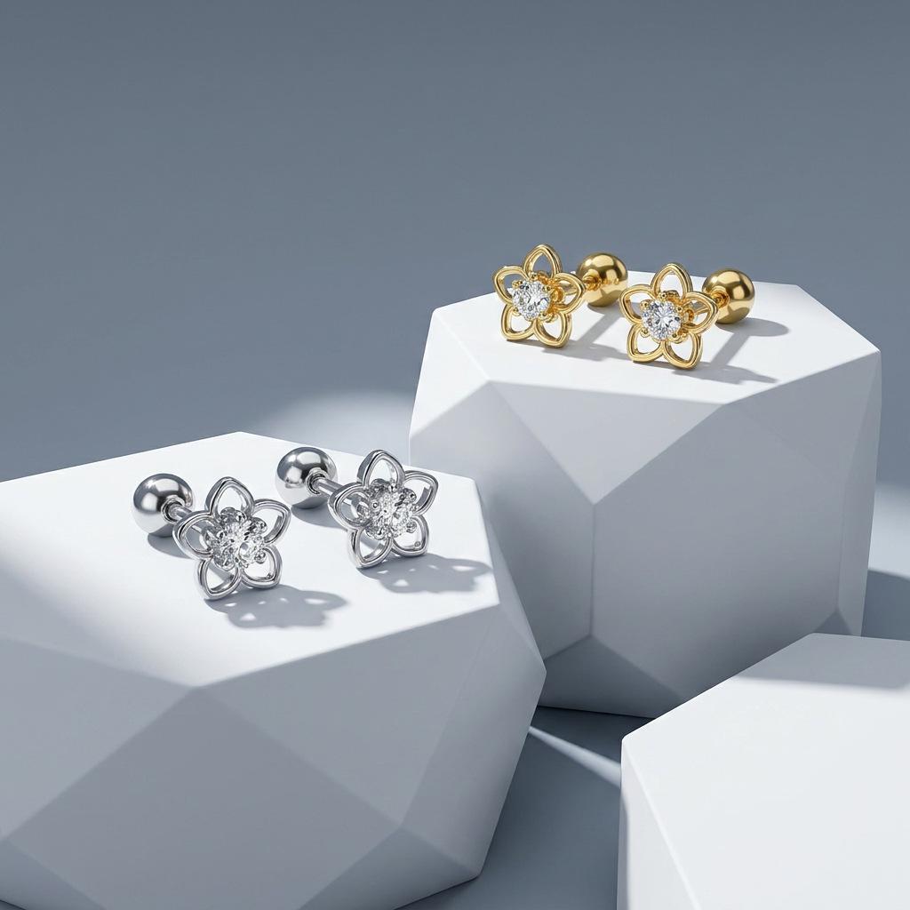 S925 Silver Gold Rhodium Plated Hollow Five Petal Flower Stud Earrings Women s Simple Niche Zircon Minimalist Cross-border 925 silver