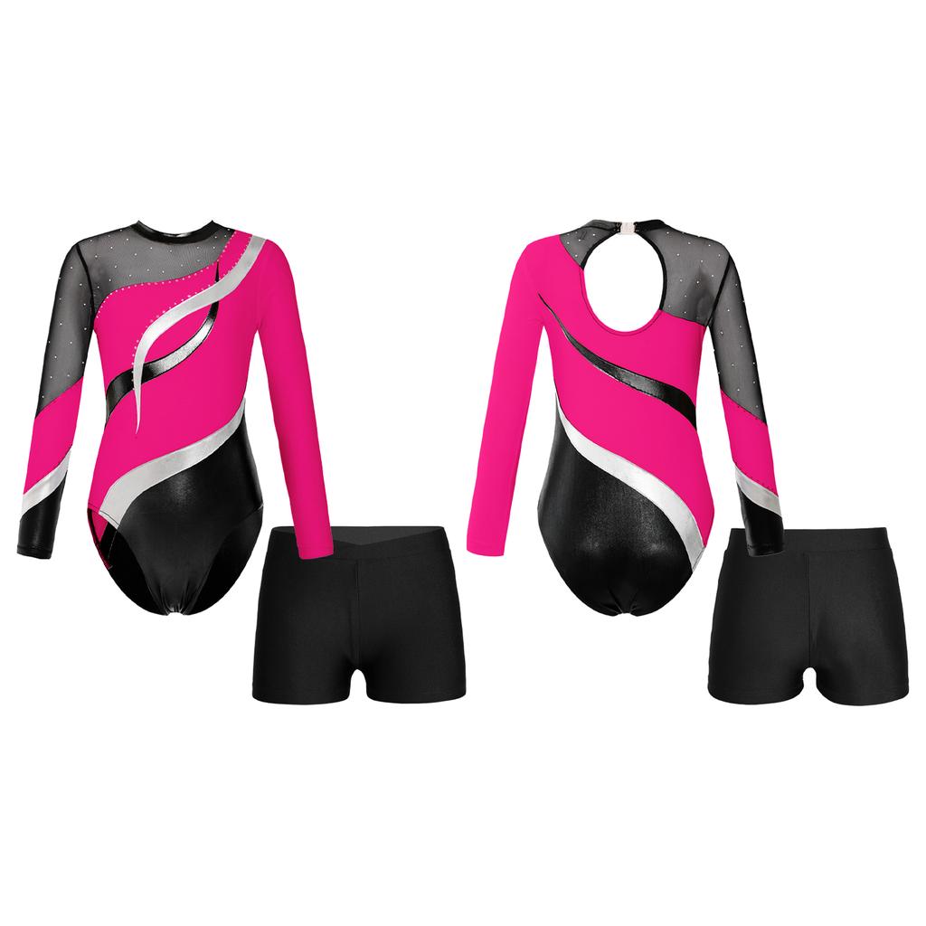 Kids Girls Long Sleeve Gymnastic Leotard with Shorts Athletic Dance Unitards Performance Competition Costume