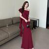 Premium evening dress sexy one-word shoulder cover belly thin dress temperament niche banquet long skirt