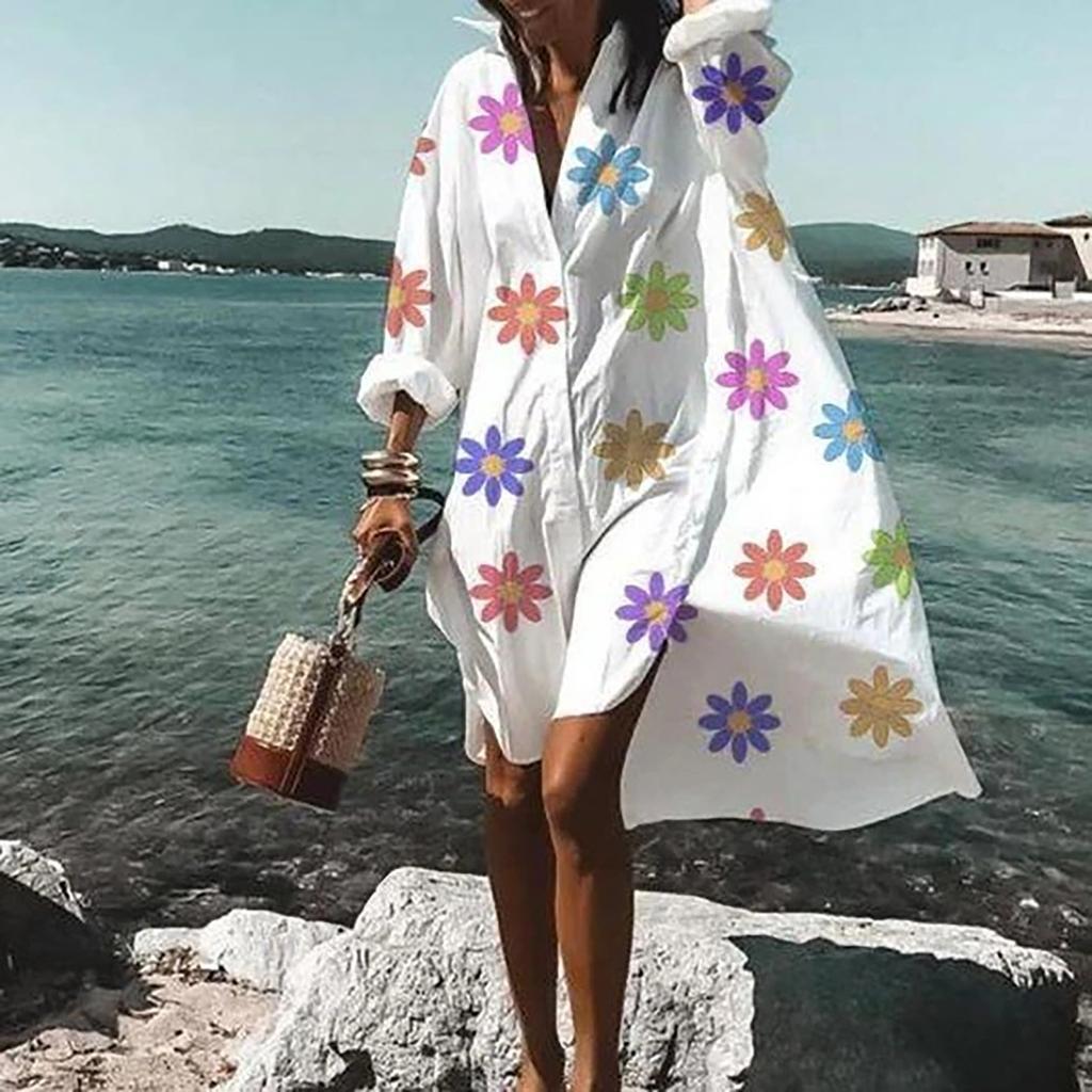 Fashion Women Floral Print Long Sleeves Buttons Cardigan Loose Shirt Dress