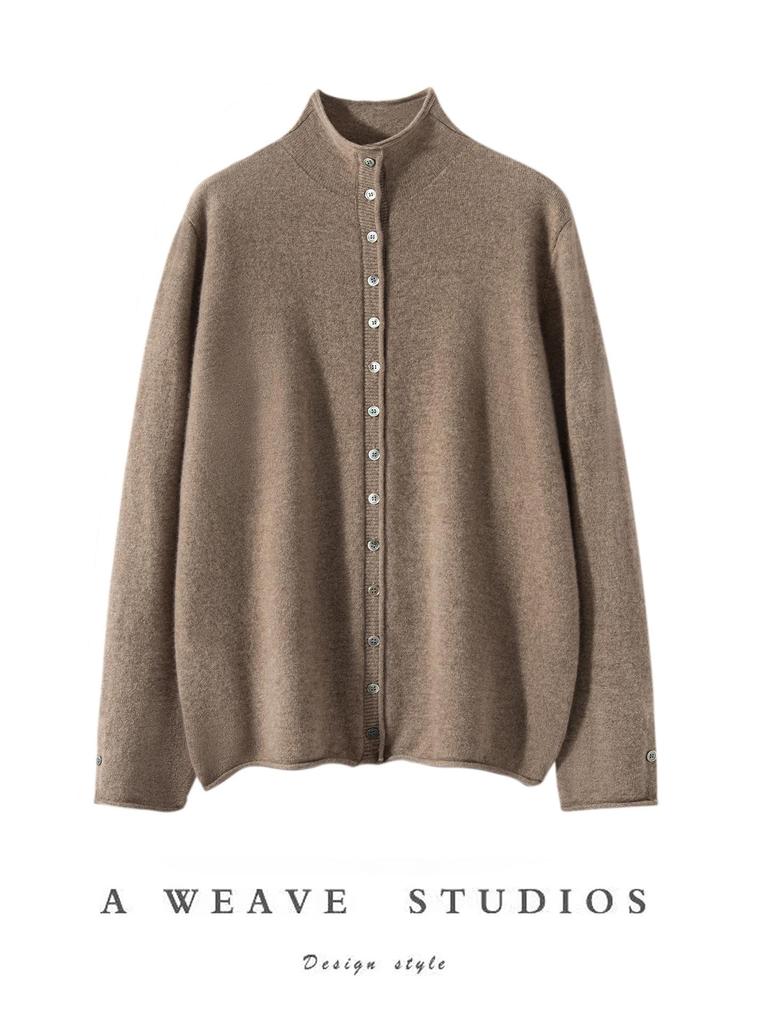 Design-Conscious Pure Cashmere Twelve-Stitch Roll-Edge Turtleneck Cardigan - Autumn/Winter Solid Color Loose Fit