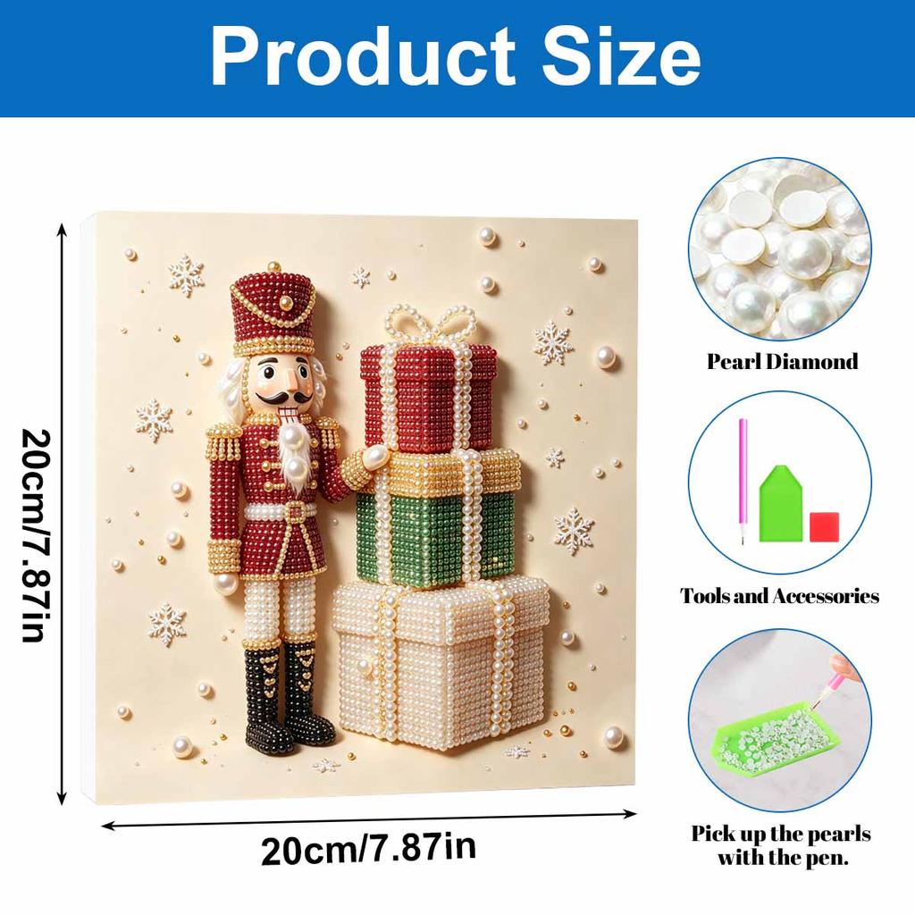 Handmade Framed Pearl Painting Set with Christmas Nutcracker and Gift Boxes Design 5D Shiny Bead Art Canvas Creative Craft for Room Decor