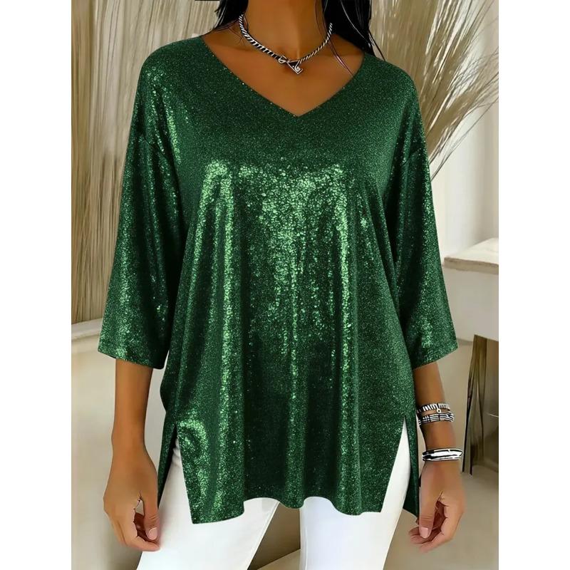 

Spring and Summer Loose Solid Color V-neck Nine-point Sleeve Split Top Women s Clothing 3XL