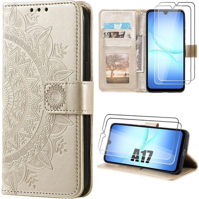Coque de Protection - BOOLING - pour Samsung Galaxy A17 4G/5G - Effet Cuir Motif Oriental Doré - 2 Vitres
