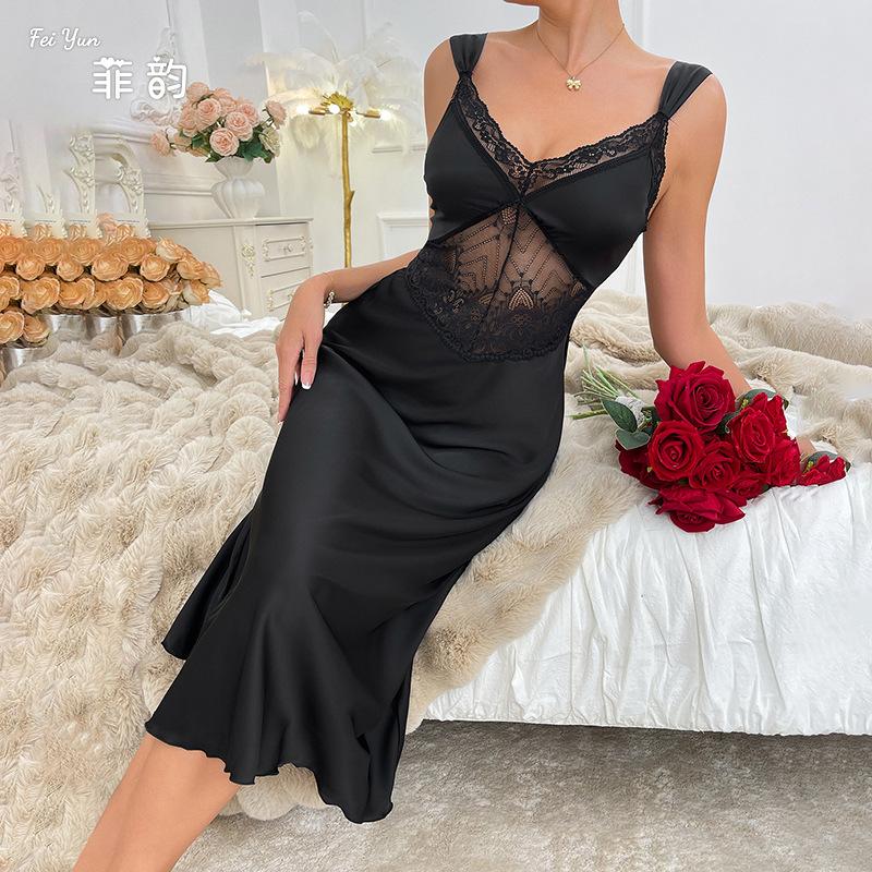 Sexy pajamas women's suspender nightdress satin pure lace French high-end dress