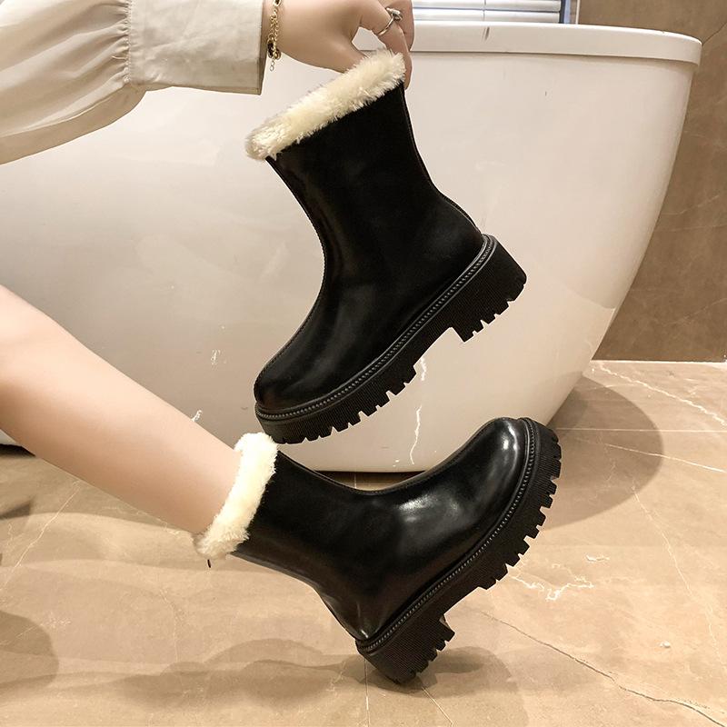 

Autumn and winter new muffin bottom rear zipper large size velvet round Martin boots 35