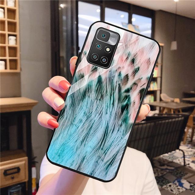 Redmi 9 Fall für Xiaomi Redmi 10 Fall Gehärtetes Glas Abdeckung Redmi 9a 9c Nfc 8a 8 7a 6a Hinweis 8 9 10 Pro Zurück Feder Gemalt Coque