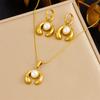 Vintage Heart Fan Shape Blue Turquoise Pearl Drop Earrings Necklace Set with Fashion Gold Accents