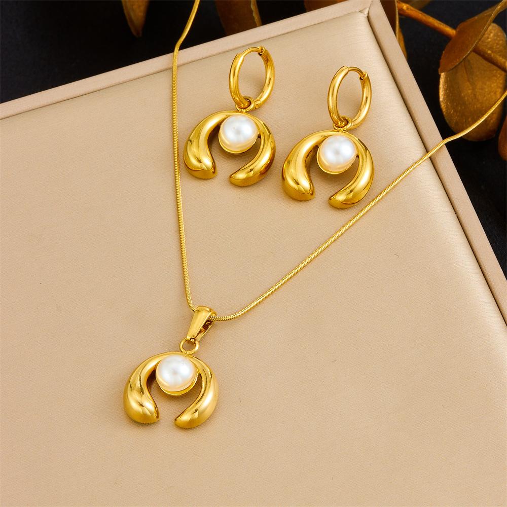 Vintage Heart Fan Shape Blue Turquoise Pearl Drop Earrings Necklace Set with Fashion Gold Accents