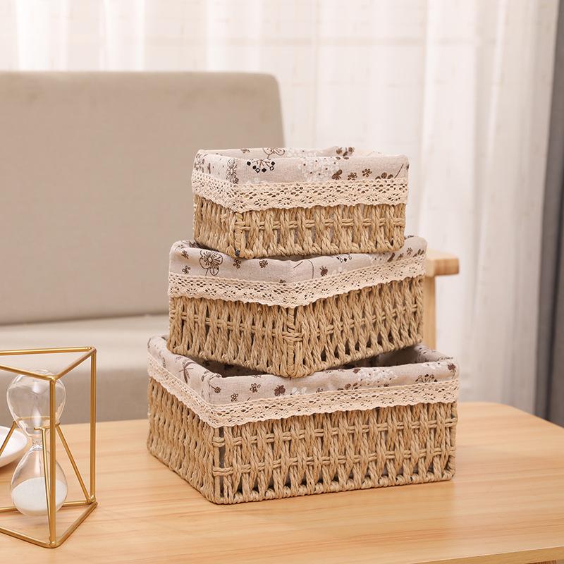 Storage Baskets Set of 3,Decorative Paper Rope Woven storage Baskets with Liner,Rectangular Storage Bins Container for Makeup Be