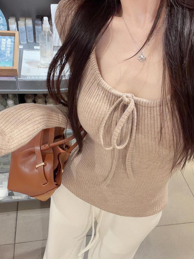 Women's Strappy U-Neck Long Sleeve Knit T-shirt - Slim Fit, Elastic Base Layer for Autumn/Winter 2025