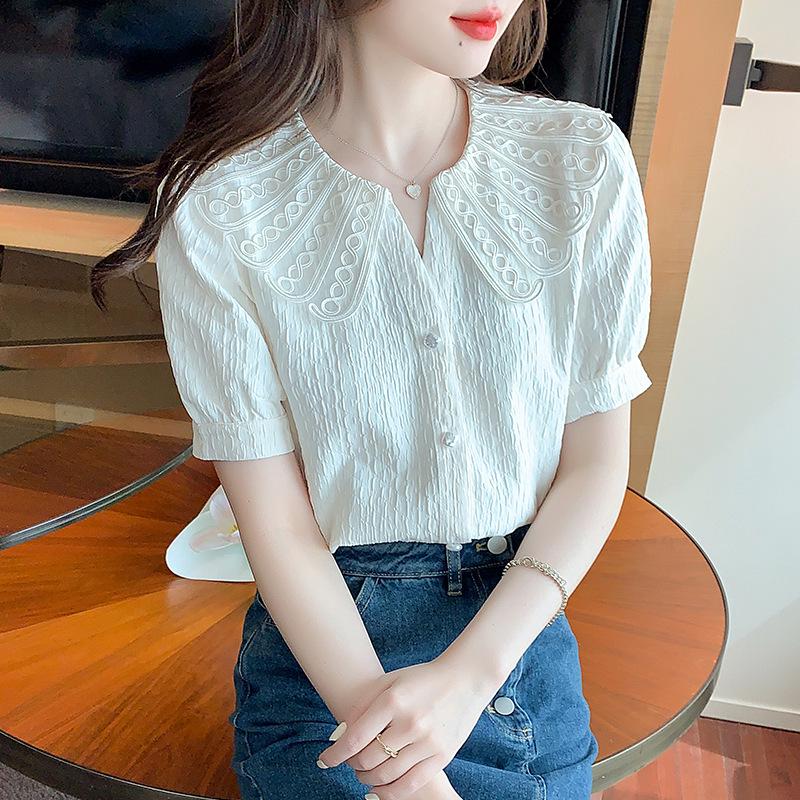 Women's 2025 Summer French Retro Floral Doll Collar Chiffon Blouse