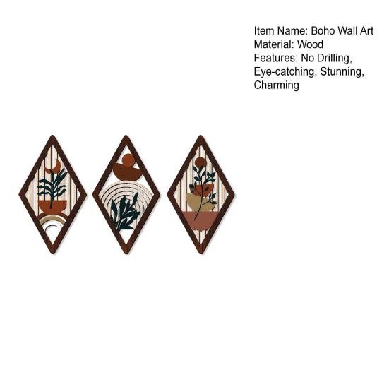 3 Pcs Boho Minimalist Wall Art Geometric Plants Hollow Out Wall Hanging Decor Farmhouse Abstract Bohemian Wood Poster for Living Room Bedroom Entrance