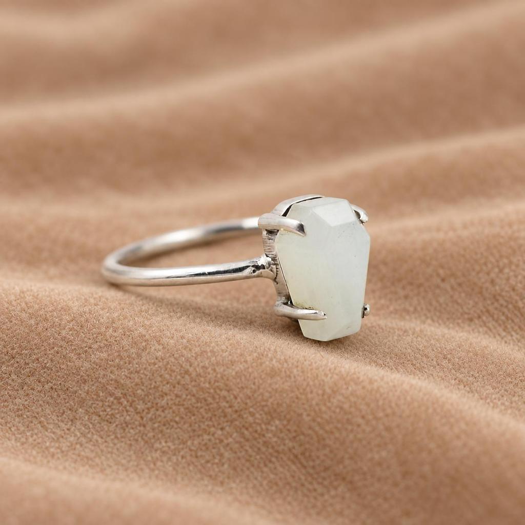 Rainbow Moonstone Coffin Statement Ring, 925 Sterling Silver Jewelry, Handmade Minimalist Gemstone Ring
