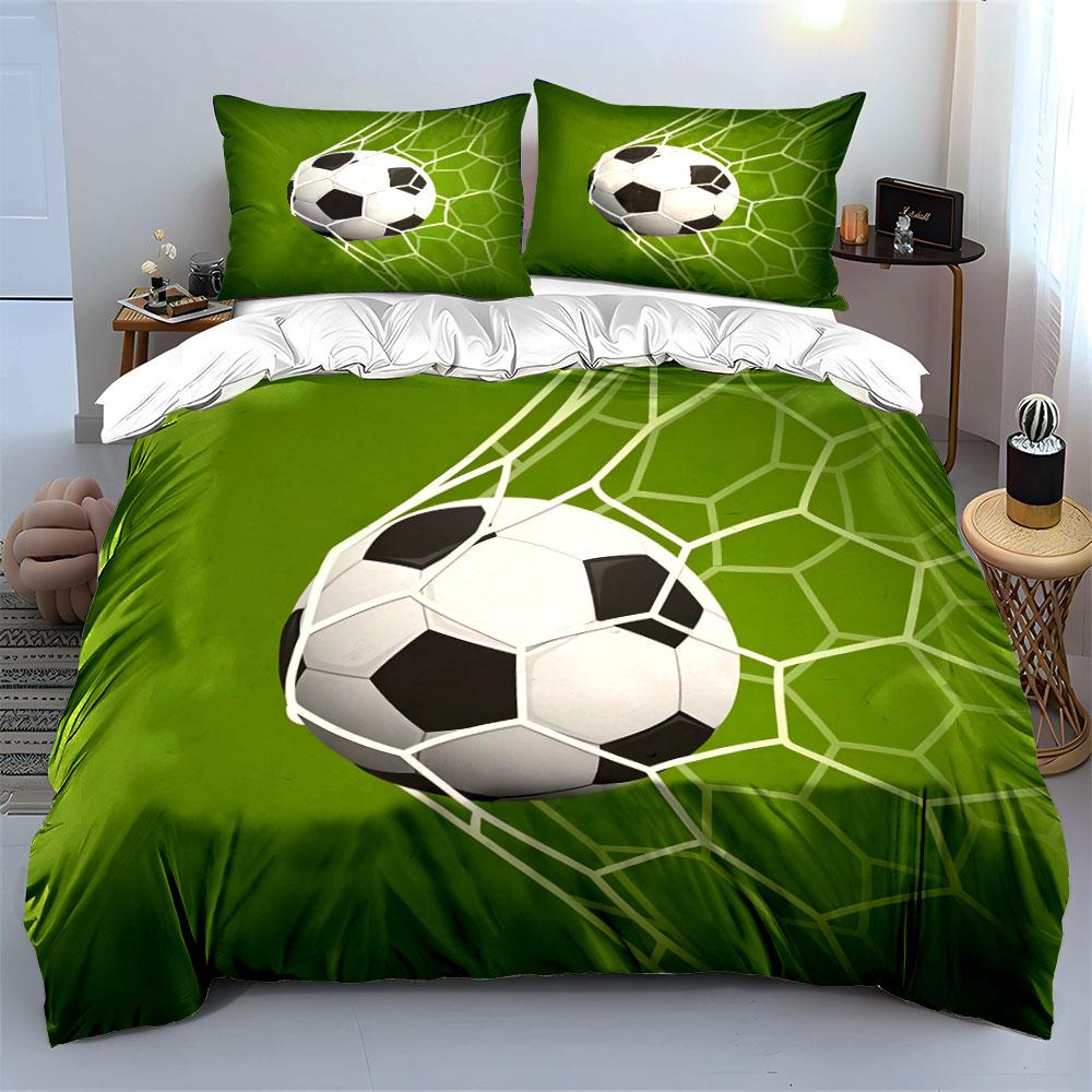 Fußball in verschiedenen Größen im Netz. Bedrucktes Bettwäsche-Set 1 Bettbezug 2 Kissenbezüge für Erwachsene und Kinder Luxuriöses Geschenk Vollgröße