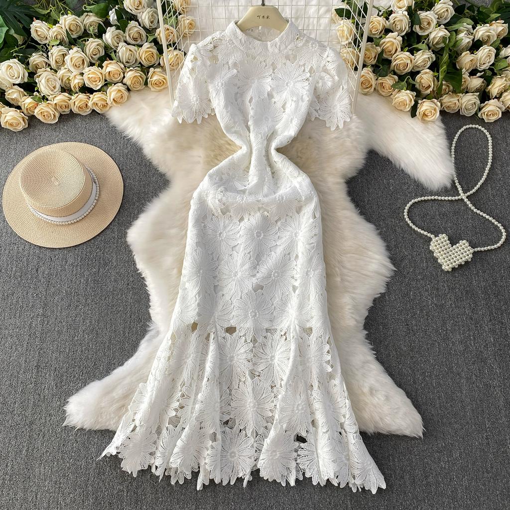 Summer Women Elegant Luxury Embroidery Flower Lace Slim Bodycon Long Maxi Party Fishtail Dresses for Girl Graduation