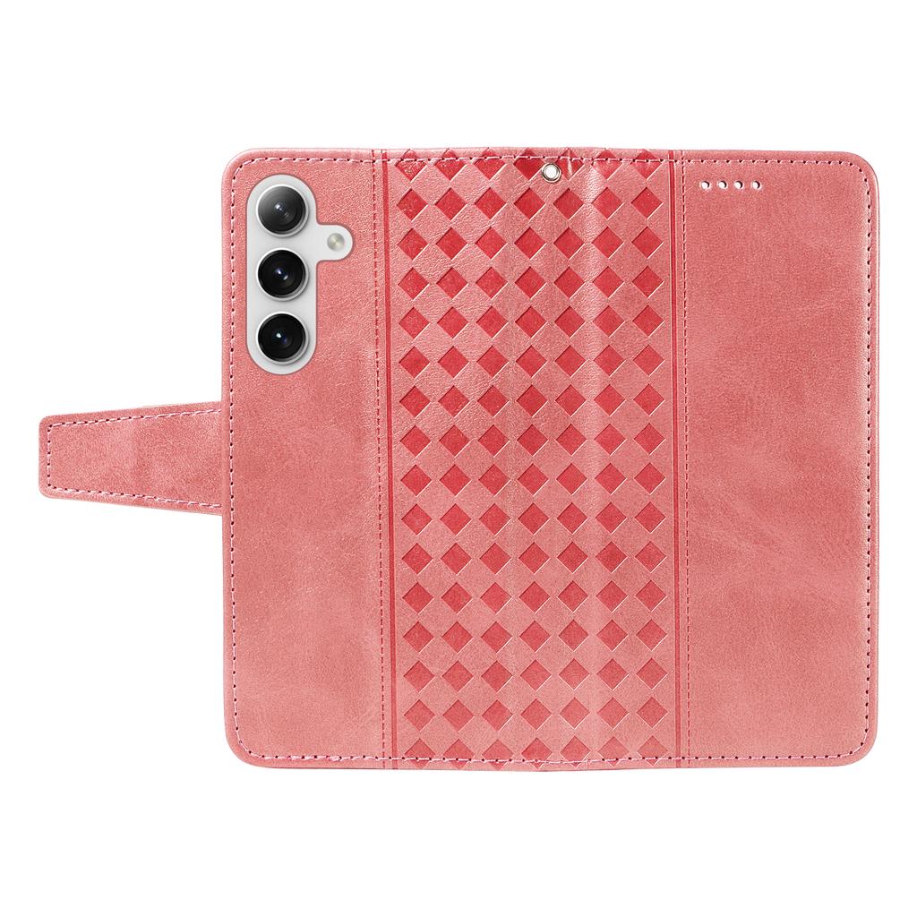 For Samsung Galaxy S24+/Galaxy S25+ Leather Case Wallet Stand Grids Imprinted Phone Cover with Strap