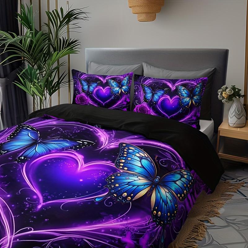 Breathable 3Pcs All-Season Purple Heart Rose Butterfly Duvet Cover Set Machine Washable Includes Duvet Cover And 2 Pillowcases