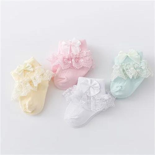 4 Paare/Los Frühling Herbst Neugeborene Babysocken für Mädchen Baumwolle Spitze Säuglingsmädchen Socke Prinzessin Schleife Kleinkind Baby Mädchen Socken 0-24M