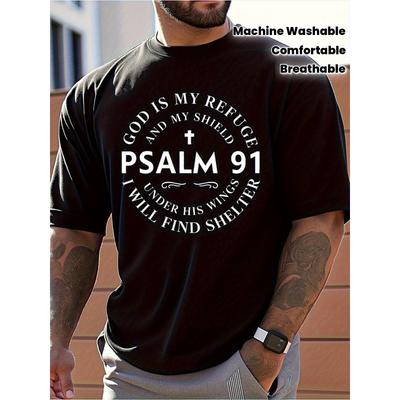 European Sizes Men'S Psalm 91 Bible Verse T-Shirt - Christian Faith-Based Tee, Black Shirt with White Scripture Print,  Prayer Groups & Casual Attire
