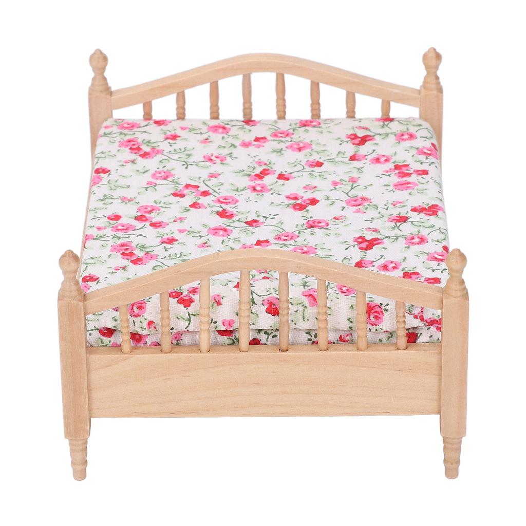 1/12 Miniatur Puppenhaus Bett Elegant Dekorativ Holz Floral Möbelzubehör Miniatur Bett